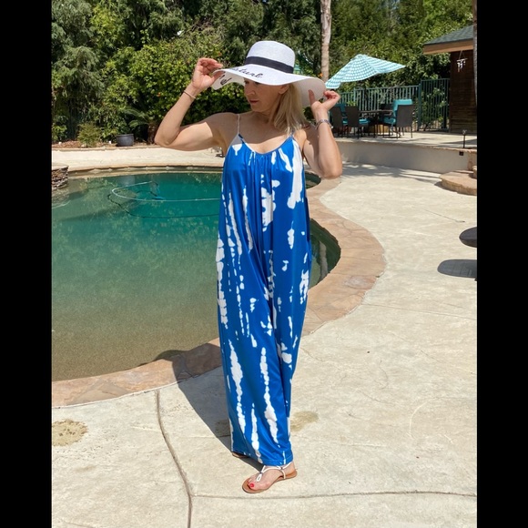 Overalls Jumpsuit Romper Oversized Tie Dye Boho Jumpsuit Bright Blue/White - Picture 4 of 17